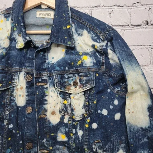 FRWD Denim Blue White Splattered Paint Jean Jacket Size M